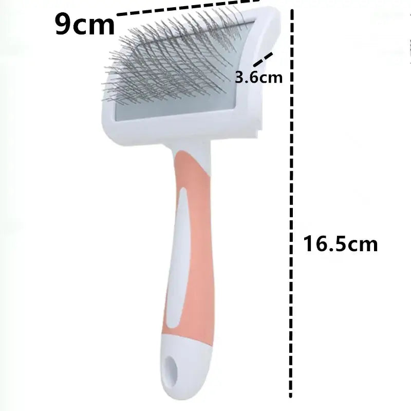 Pet grooming brush with metal bristles and a pink and white handle.