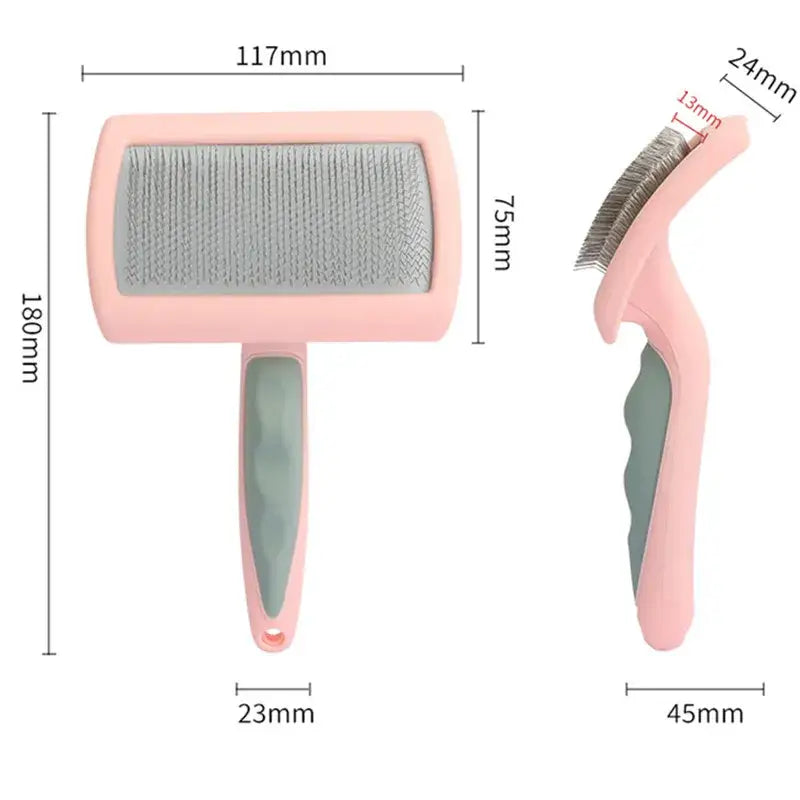 Pet grooming brush with a pink handle and gray bristles, shown from front and side views with measurements.