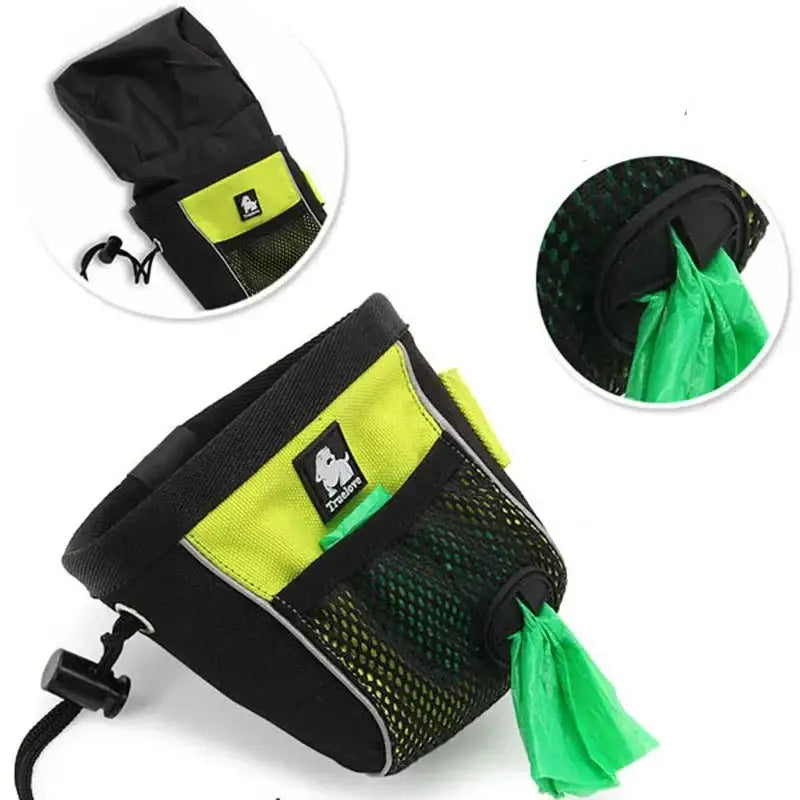 Dog treat pouch with mesh sides and a drawstring closure.