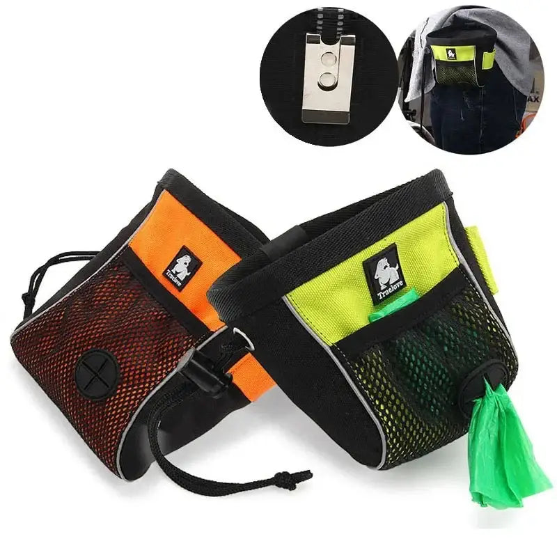 Dog treat pouches with mesh sides and drawstring closures in orange and neon green colors.