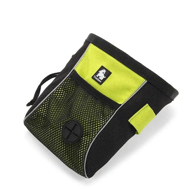 Neon yellow and black dog treat pouch with mesh pocket.