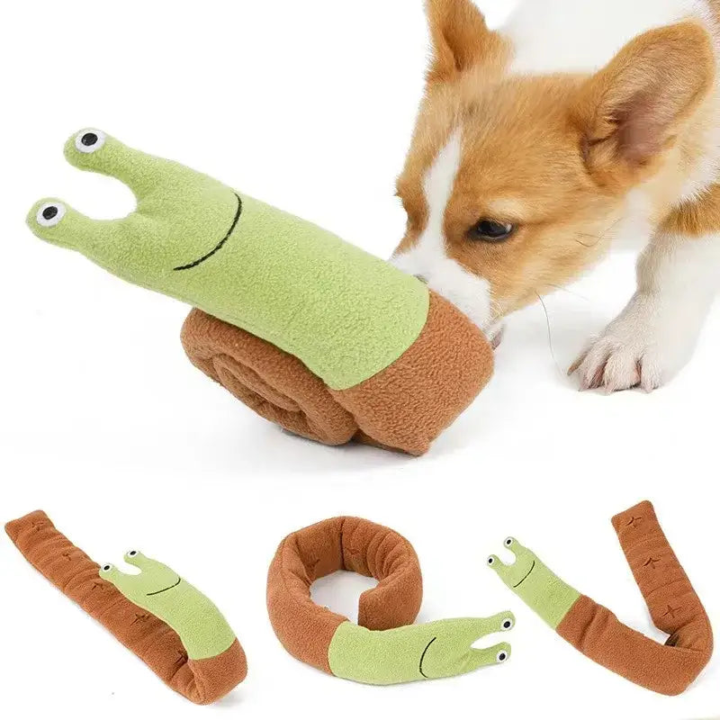 Plush dog toy shaped like a green and brown snail or slug.