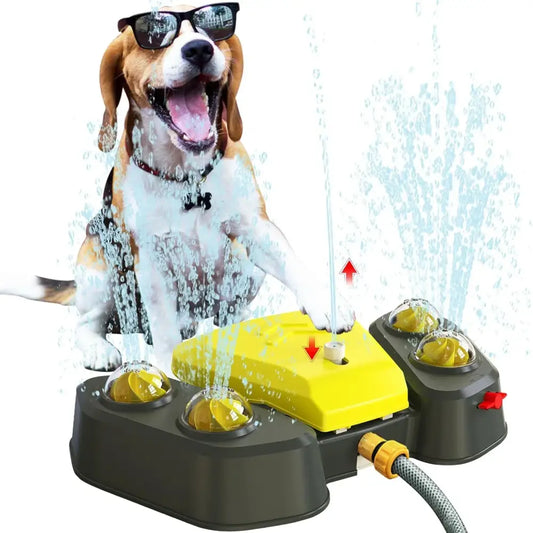 Dog-activated water fountain toy with multiple spouts and a yellow central button.