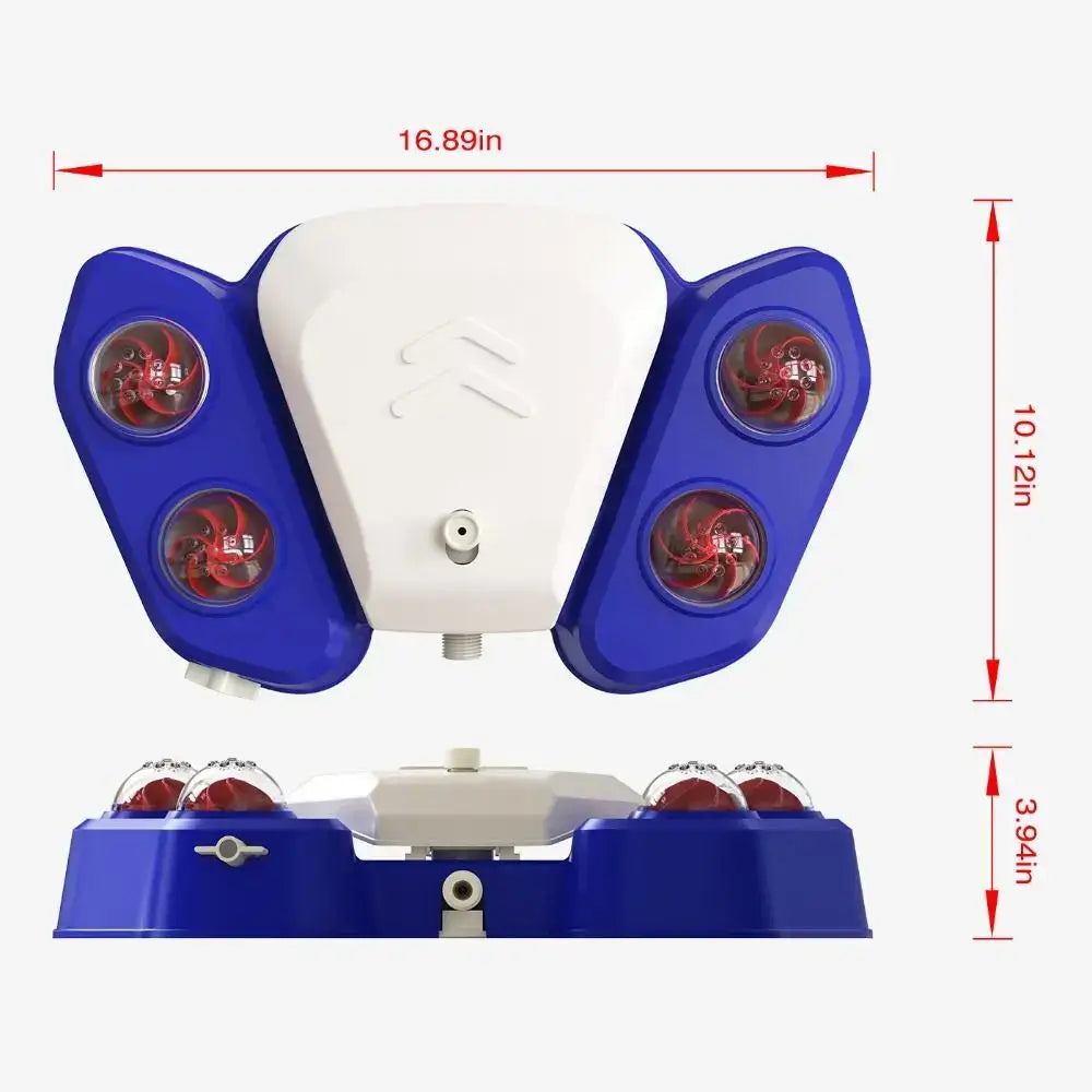 Massage device with blue panels containing red spheres for applying pressure.