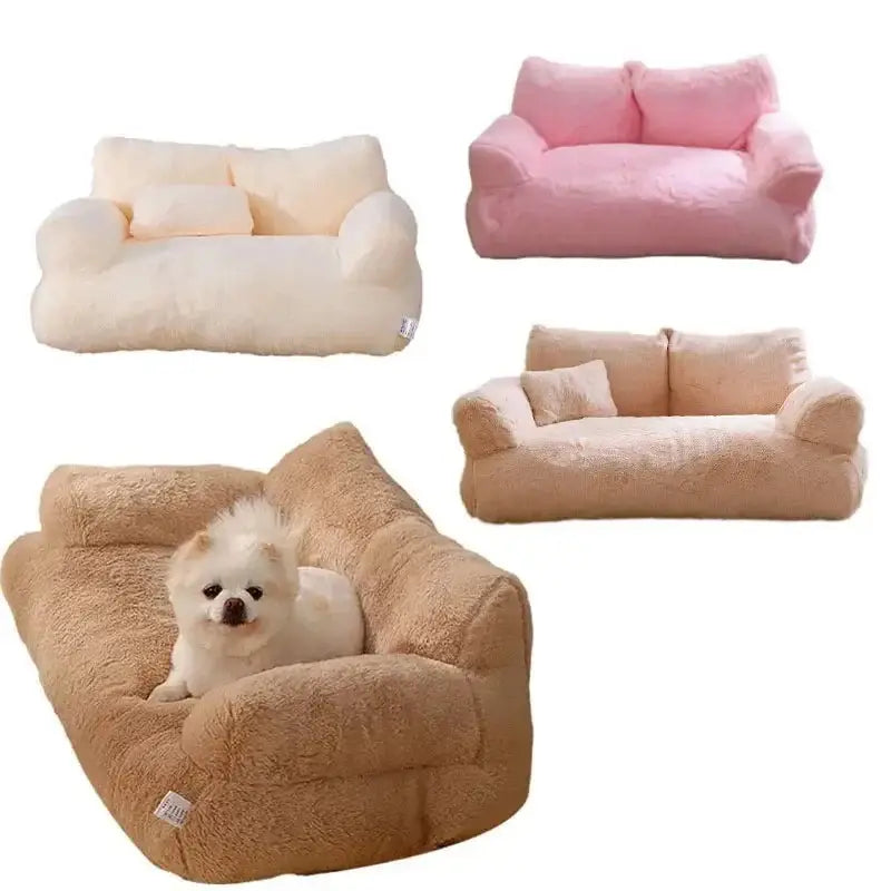 Plush pet beds or miniature sofas in various pastel colors, with one featuring a small white dog.