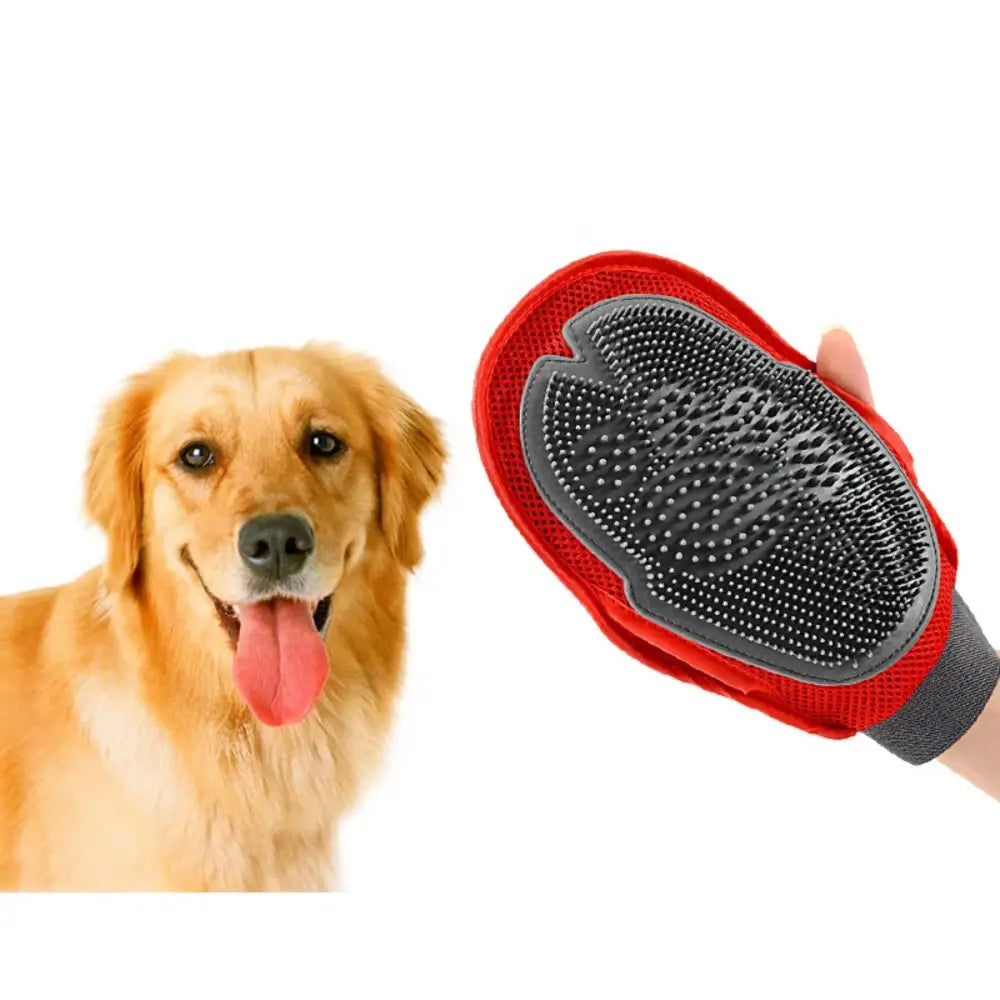 Dog grooming brush with rubber bristles and a red handle.