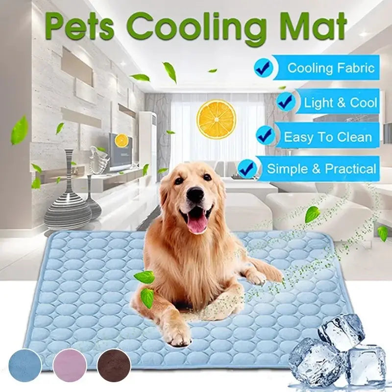 A light blue cooling mat for pets featuring a Golden Retriever lying on it.