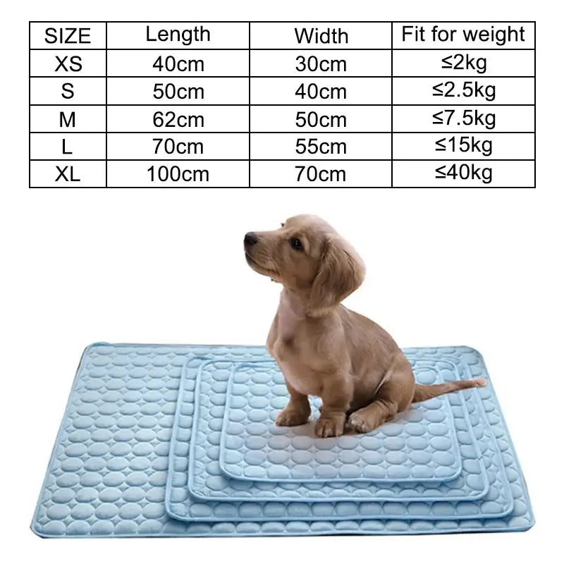 Light blue quilted pet cooling mat with a textured surface.