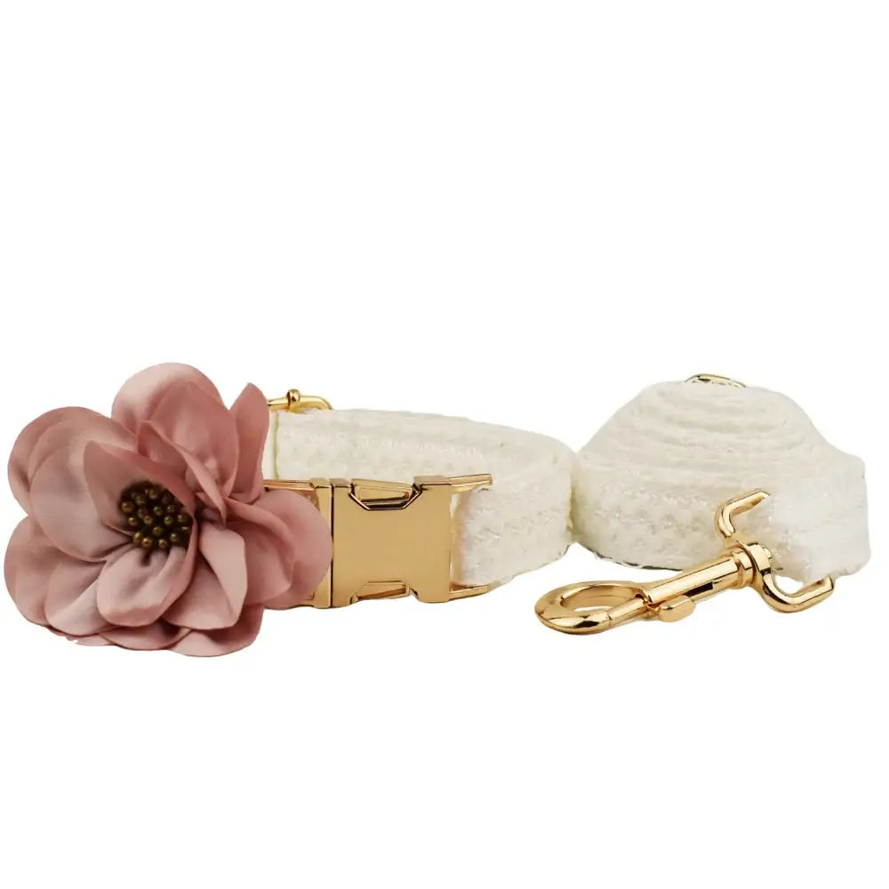 White dog collar with a pink fabric flower and gold-toned hardware.