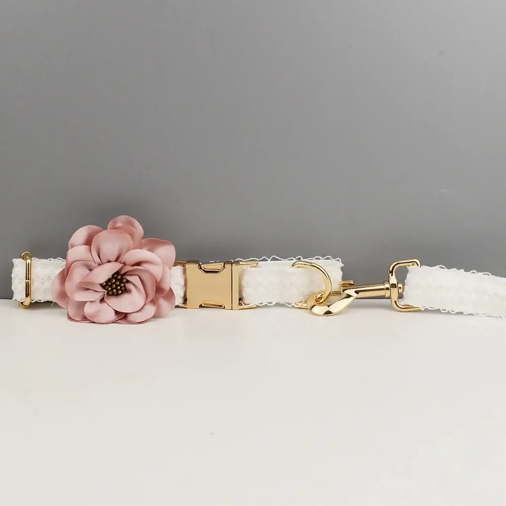 White dog collar with a pink flower accessory and gold hardware.