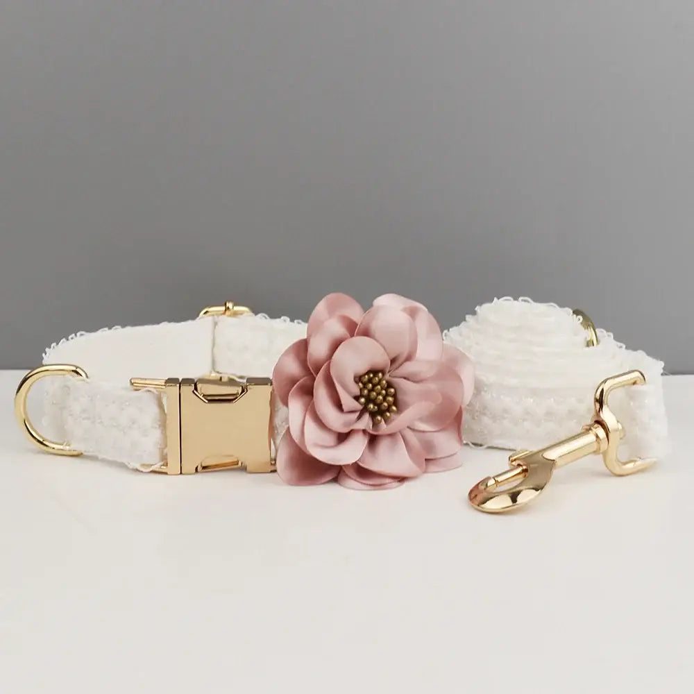 White dog collar with a pink fabric flower and gold hardware.