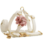 White Cotton Leash and Pink Flower Harness - Vignette | DoggyElite