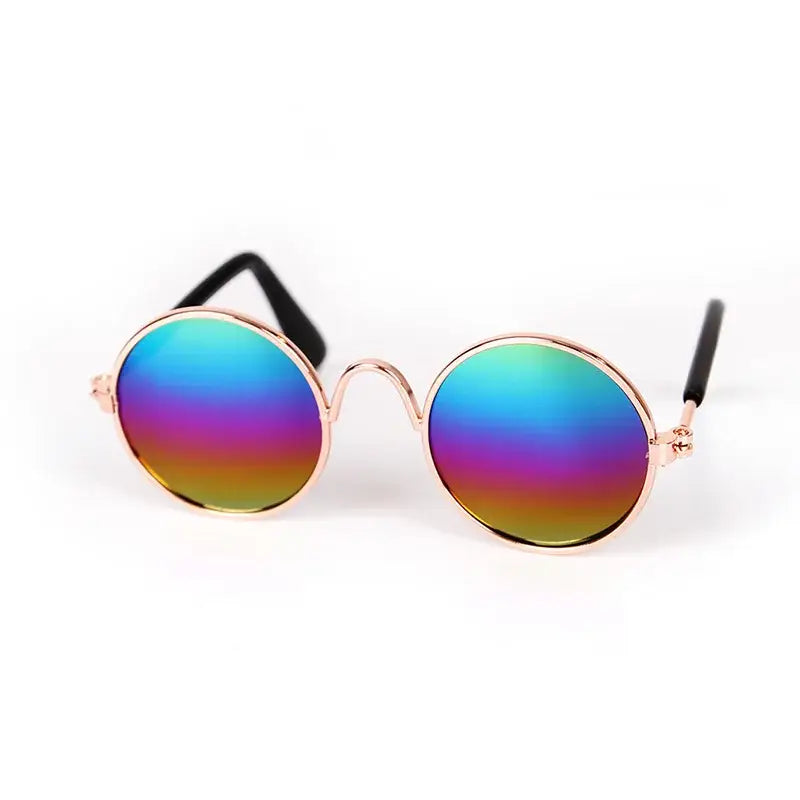 Round sunglasses with rainbow-colored reflective lenses and gold frames.