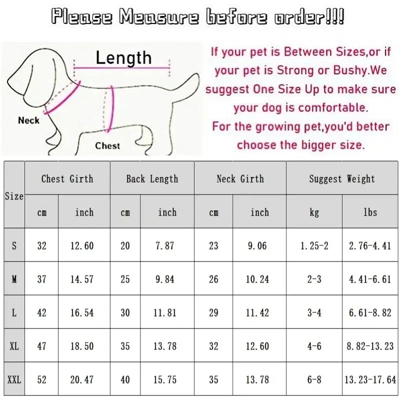 Dog size measurement chart for pet clothing or accessories.