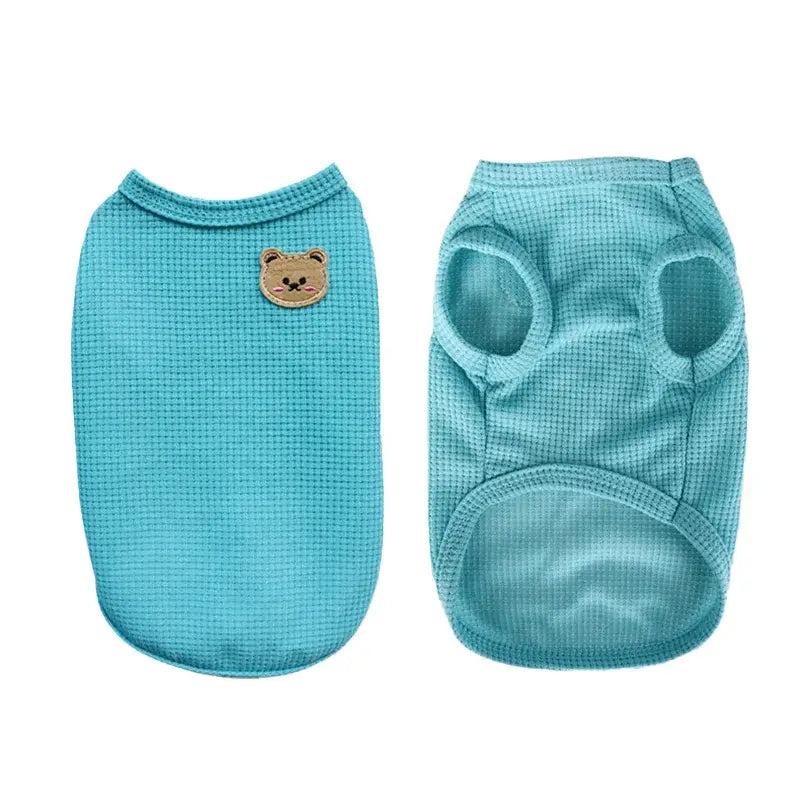 Turquoise pet clothing with a bear patch on one side.