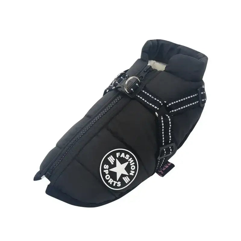 Black dog coat with a white star logo and adjustable straps.