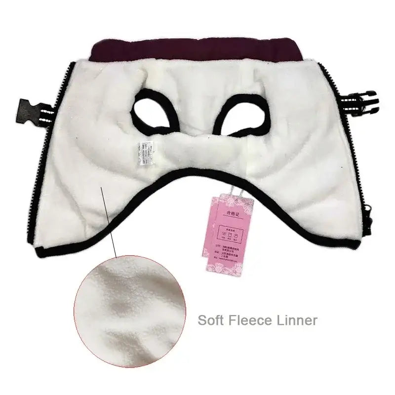 Cartoon-style face mask with eye holes and a soft fleece lining.