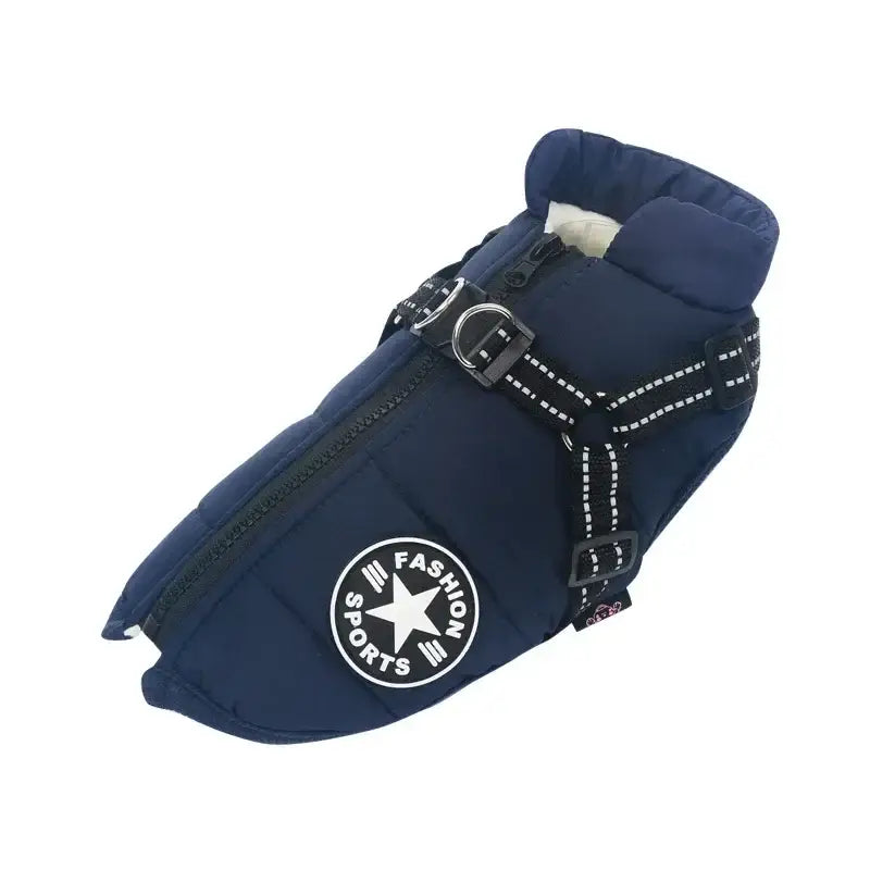 Navy blue dog coat with a zipper and decorative buckle strap.