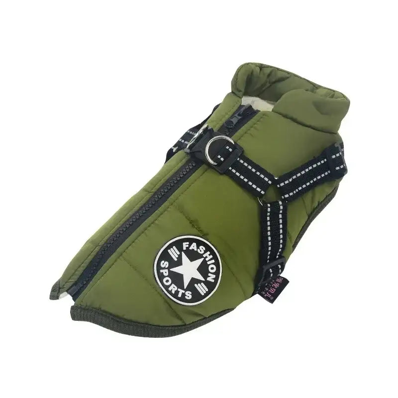 Olive green dog coat with a zipper and circular logo patch.