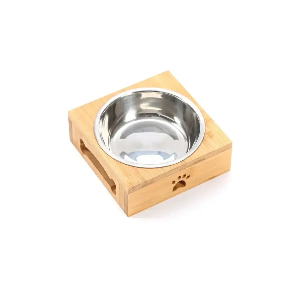 Pet food bowl with a wooden square base and stainless steel insert.