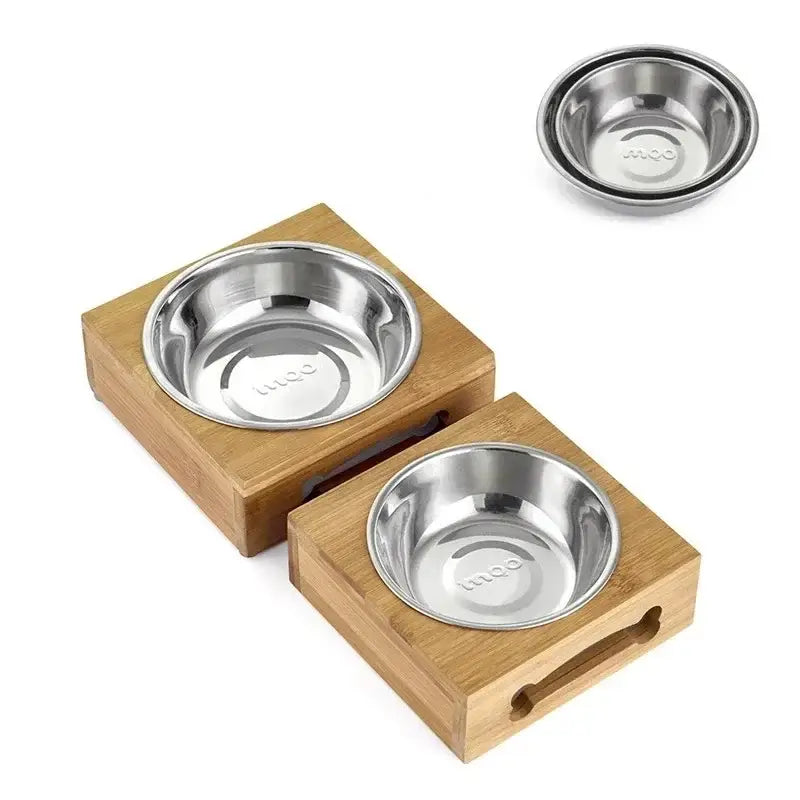 Wooden pet feeding station with two stainless steel bowls.