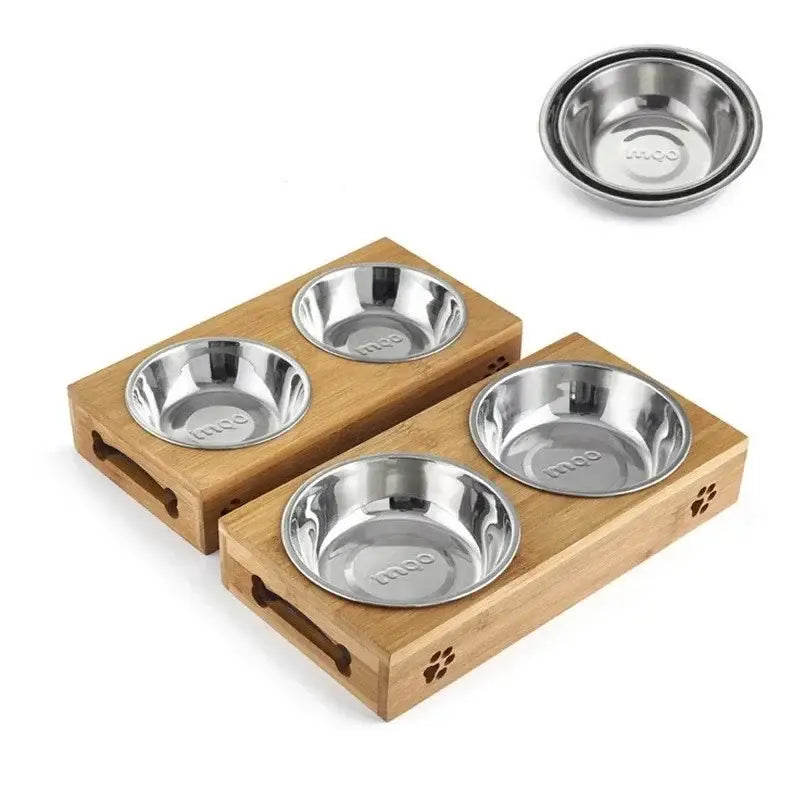 Wooden pet feeding stations with stainless steel bowls.