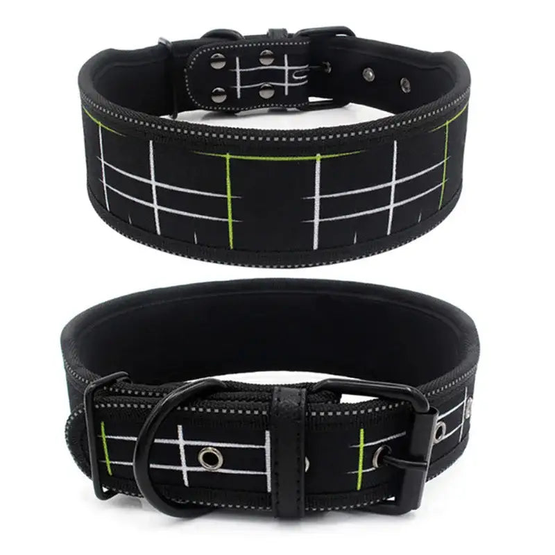 Black weightlifting belt with white grid pattern and green accents.