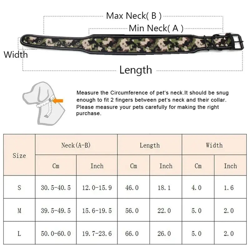 Camouflage-patterned dog collar with sizing chart and measurement instructions.