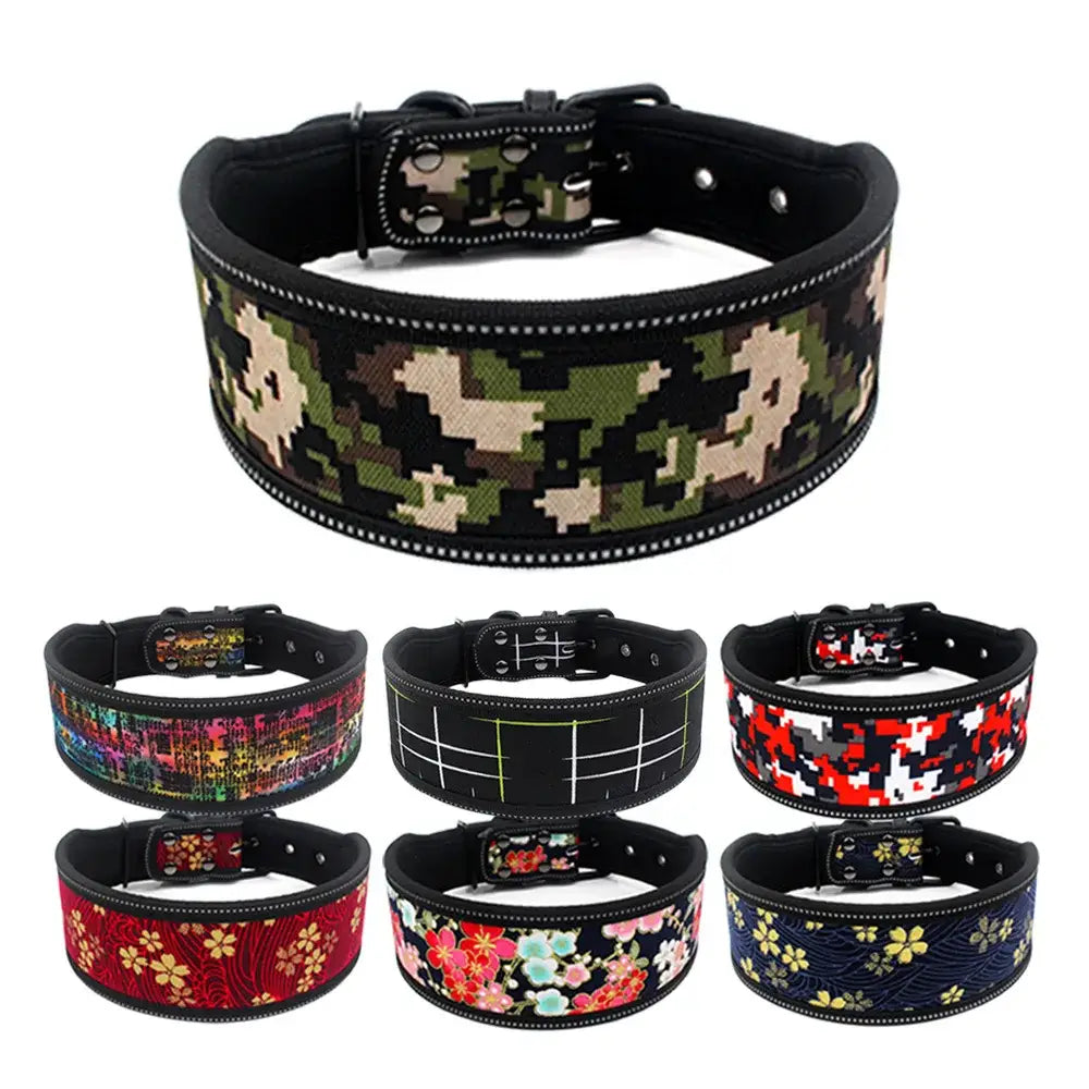 Camouflage-patterned dog collar with multiple design options shown below.