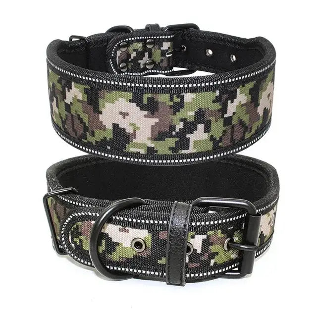 Camouflage-patterned dog collars with black trim and metal buckles.