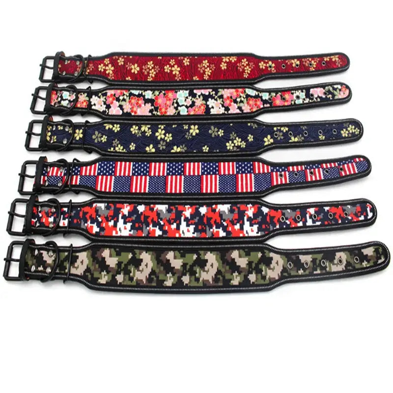 Collection of colorful patterned dog collars with various designs.