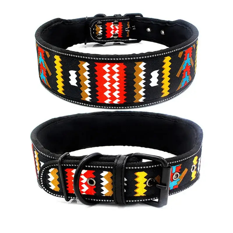 Colorful embroidered dog collar with geometric patterns on black leather.