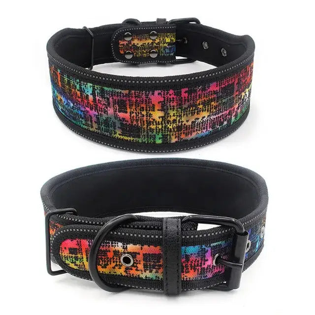 Colorful patterned dog collar with a black buckle and trim.