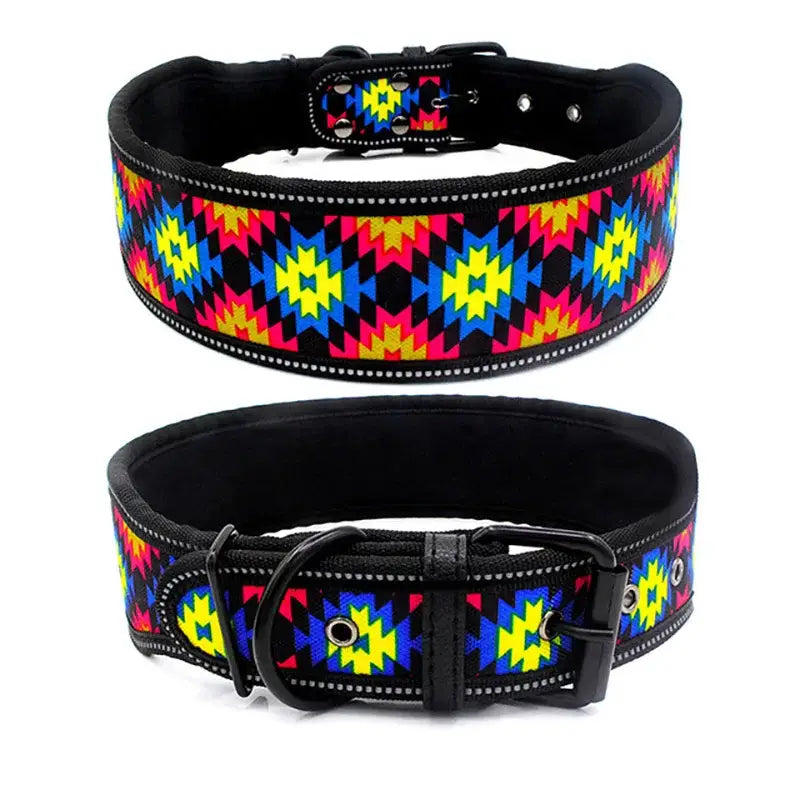 Colorful patterned dog collar with a vibrant geometric design.