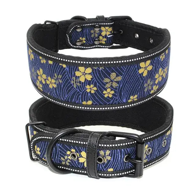 Decorative dog collar with blue and yellow floral pattern.