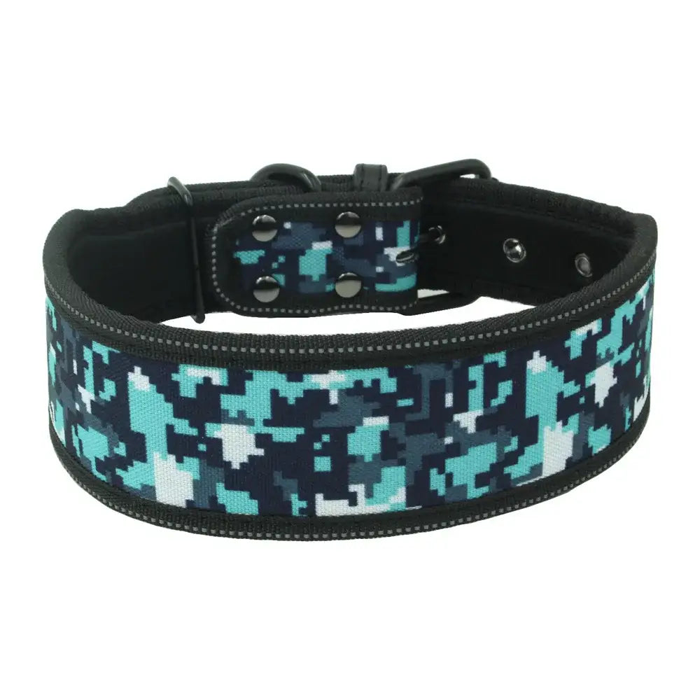 Dog collar with a digital camouflage pattern in shades of blue, teal, and black.