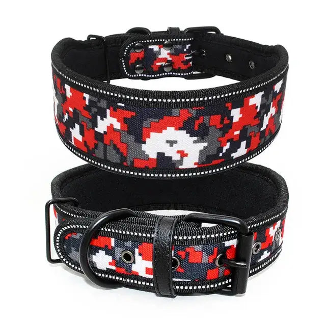 Dog collar with a red, white, and black pixelated camouflage pattern.