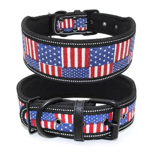 Patriotic dog collar featuring an American flag pattern.