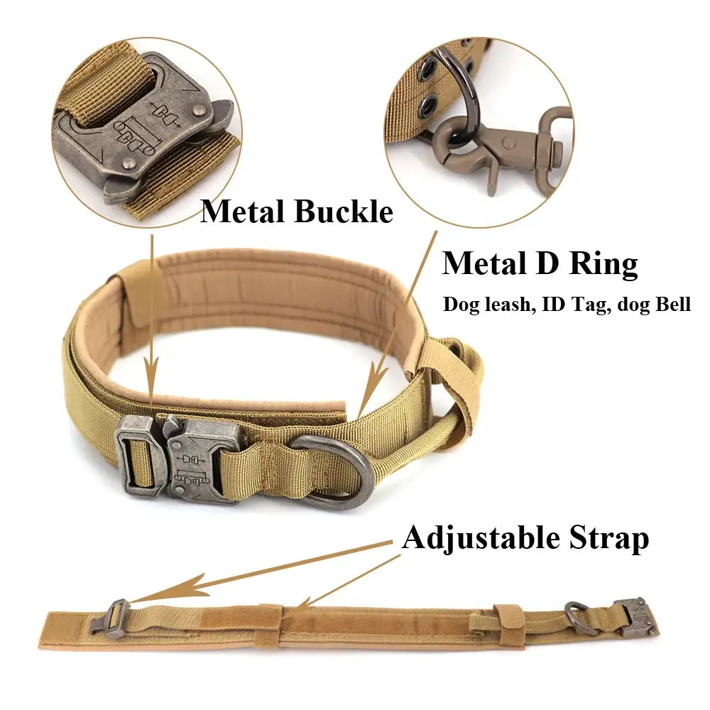 Tactical dog collar with metal buckle, D-ring, and adjustable strap.