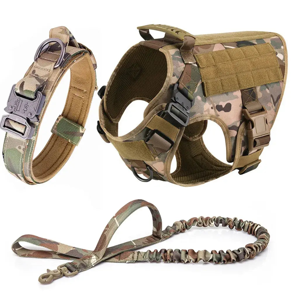 Tactical dog harness with matching collar and leash in camouflage pattern.