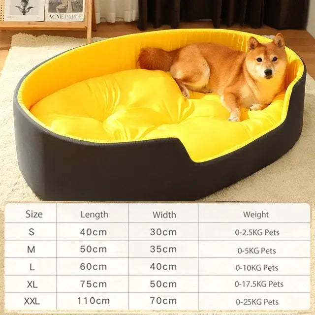 Bright yellow and black oval-shaped dog bed with a Shiba Inu lounging inside.