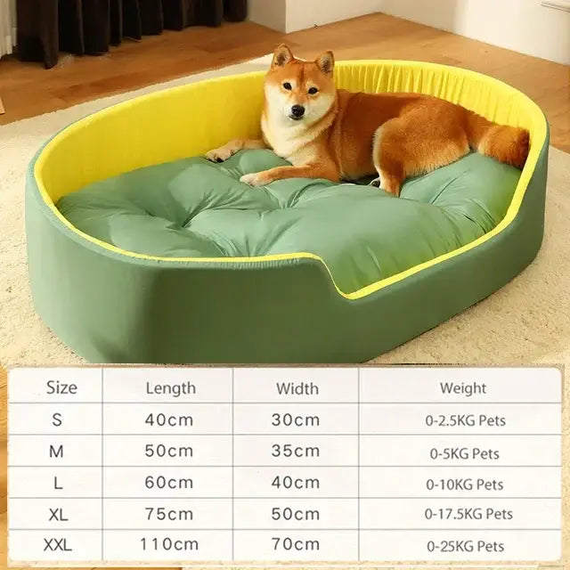 Bright yellow and green dog bed with a Shiba Inu lounging inside.