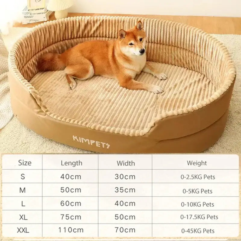 Oval-shaped corduroy dog bed with a Shiba Inu lounging inside.