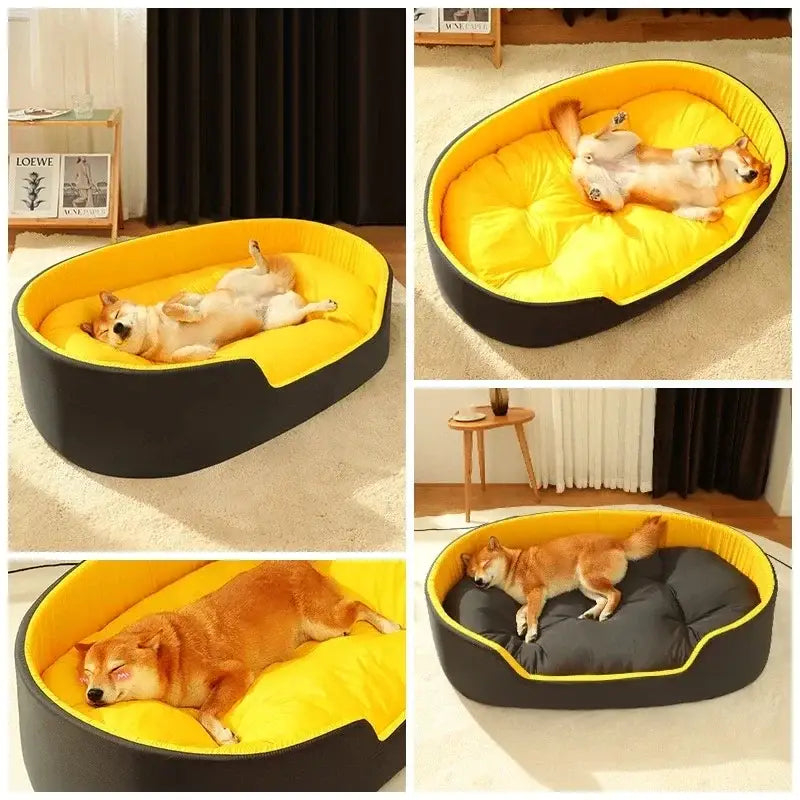 Oval-shaped dog bed with a black exterior and bright yellow interior cushion.