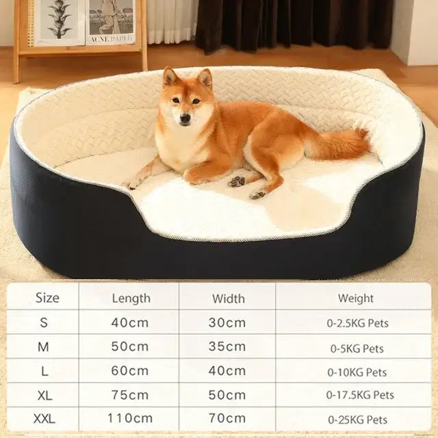 Oval-shaped dog bed with a dark outer rim and light-colored inner cushion, occupied by a Shiba Inu dog.