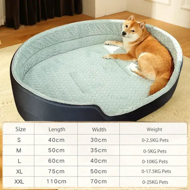 Oval-shaped dog bed with a plush light blue cushion and dark gray outer frame, occupied by a Shiba Inu dog.