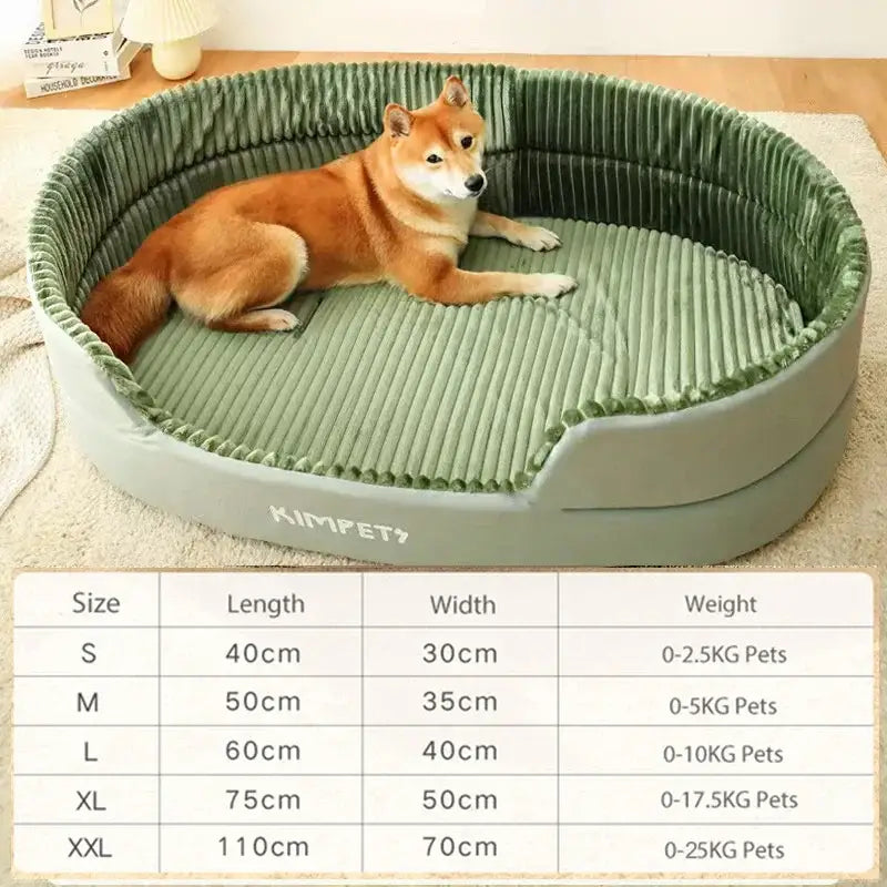 Oval-shaped green pet bed with a Shiba Inu dog resting inside.