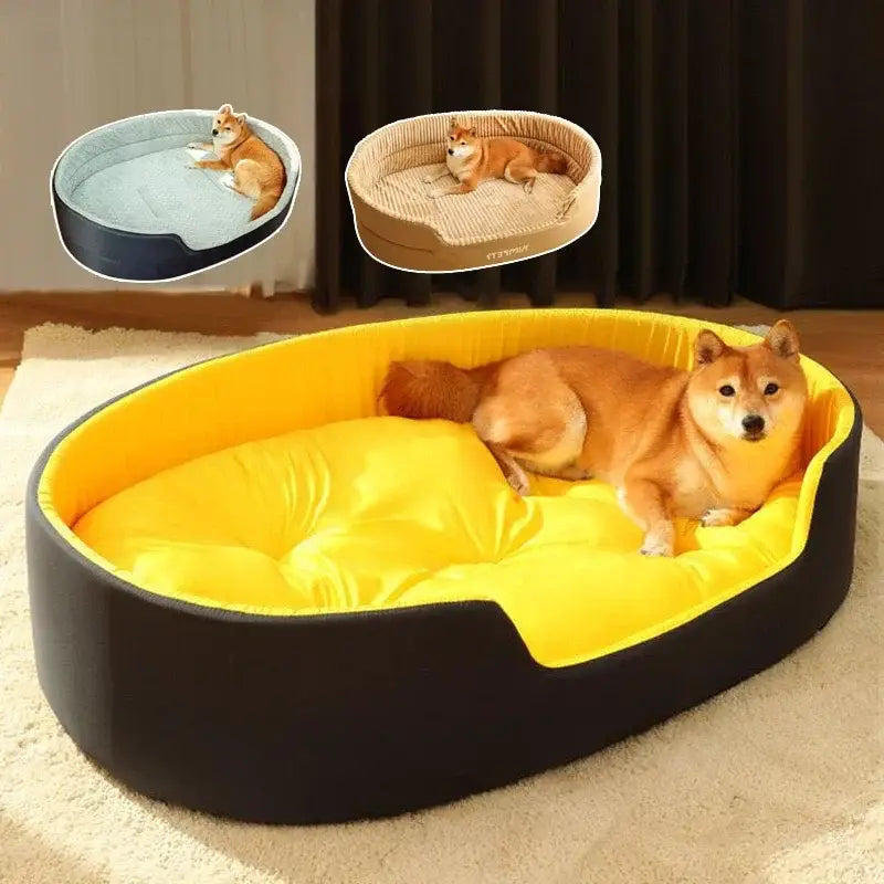 Oval-shaped pet bed with a bright yellow interior and dark exterior, occupied by a Shiba Inu dog.