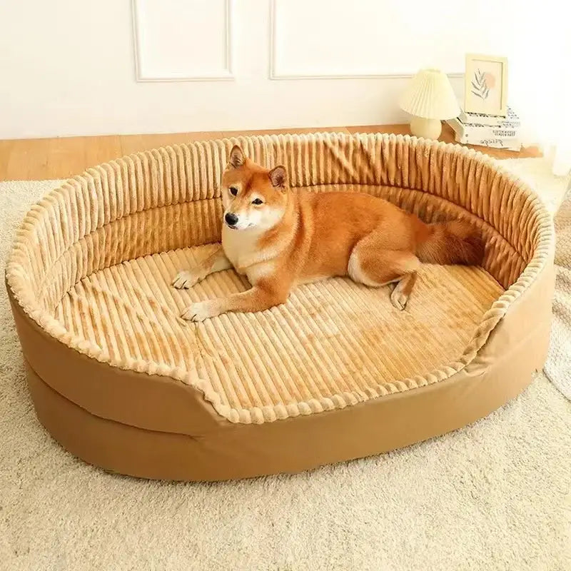 Shiba Inu dog lounging in a round, corduroy pet bed.