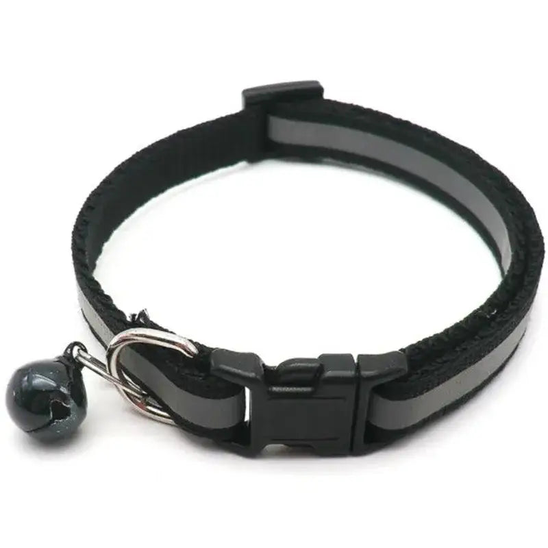 Black reflective cat collar with a bell attached.